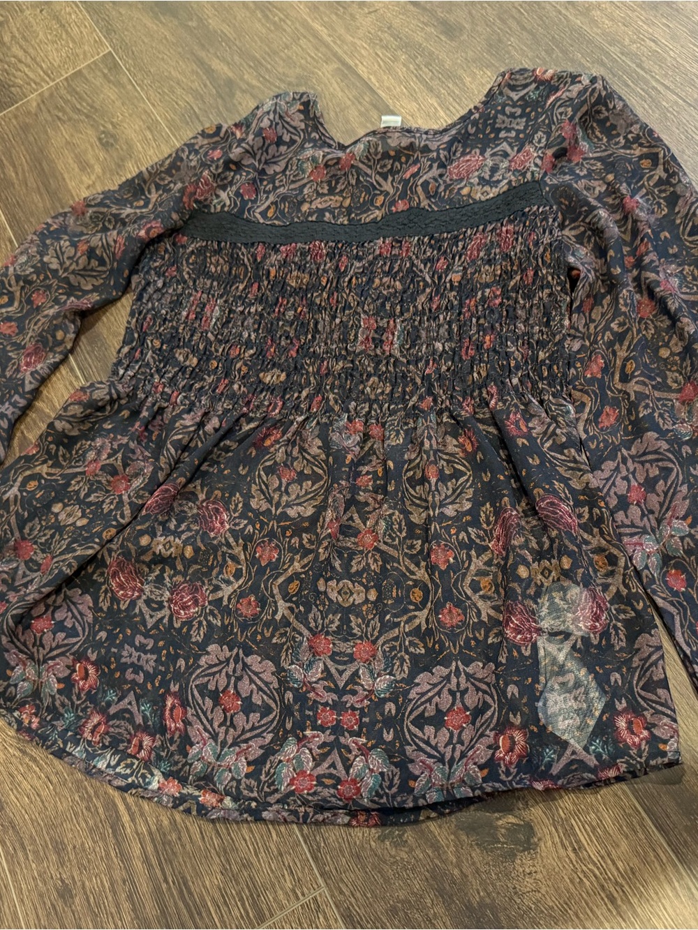 Vintage America Black Floral Smocked Peasant Blouse